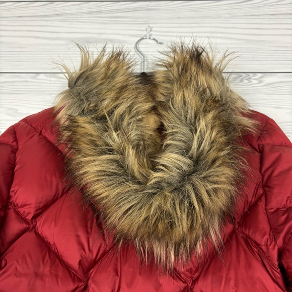 Abercrombie & Fitch Down-Filled Parka Jacket Size XS Raspberry Red Fur Hood - Picture 15 of 16